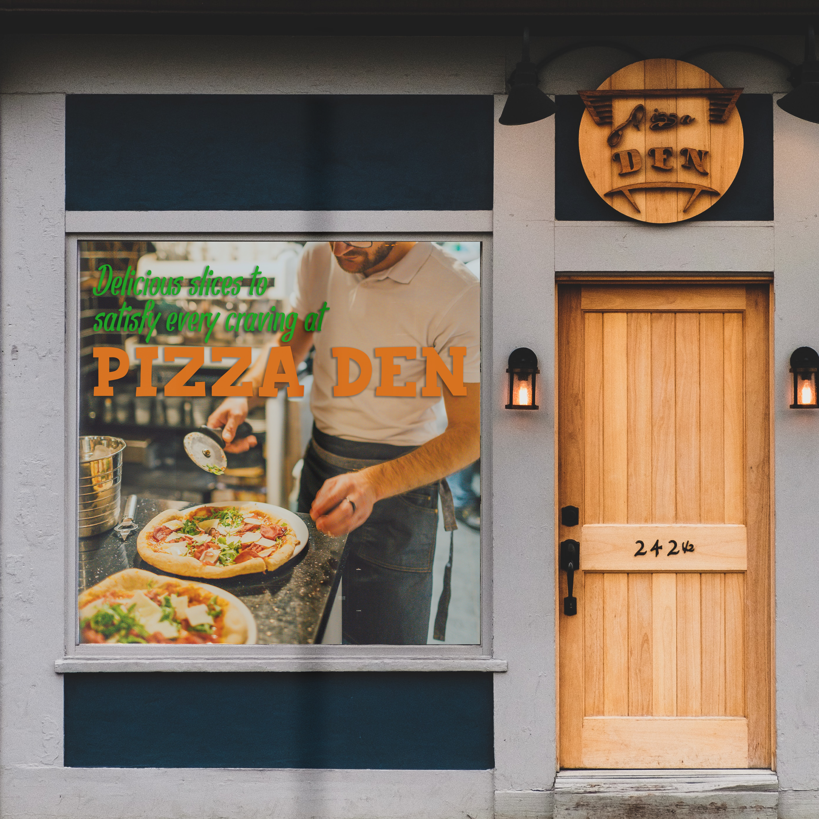 Window graphic with image of pizza a person